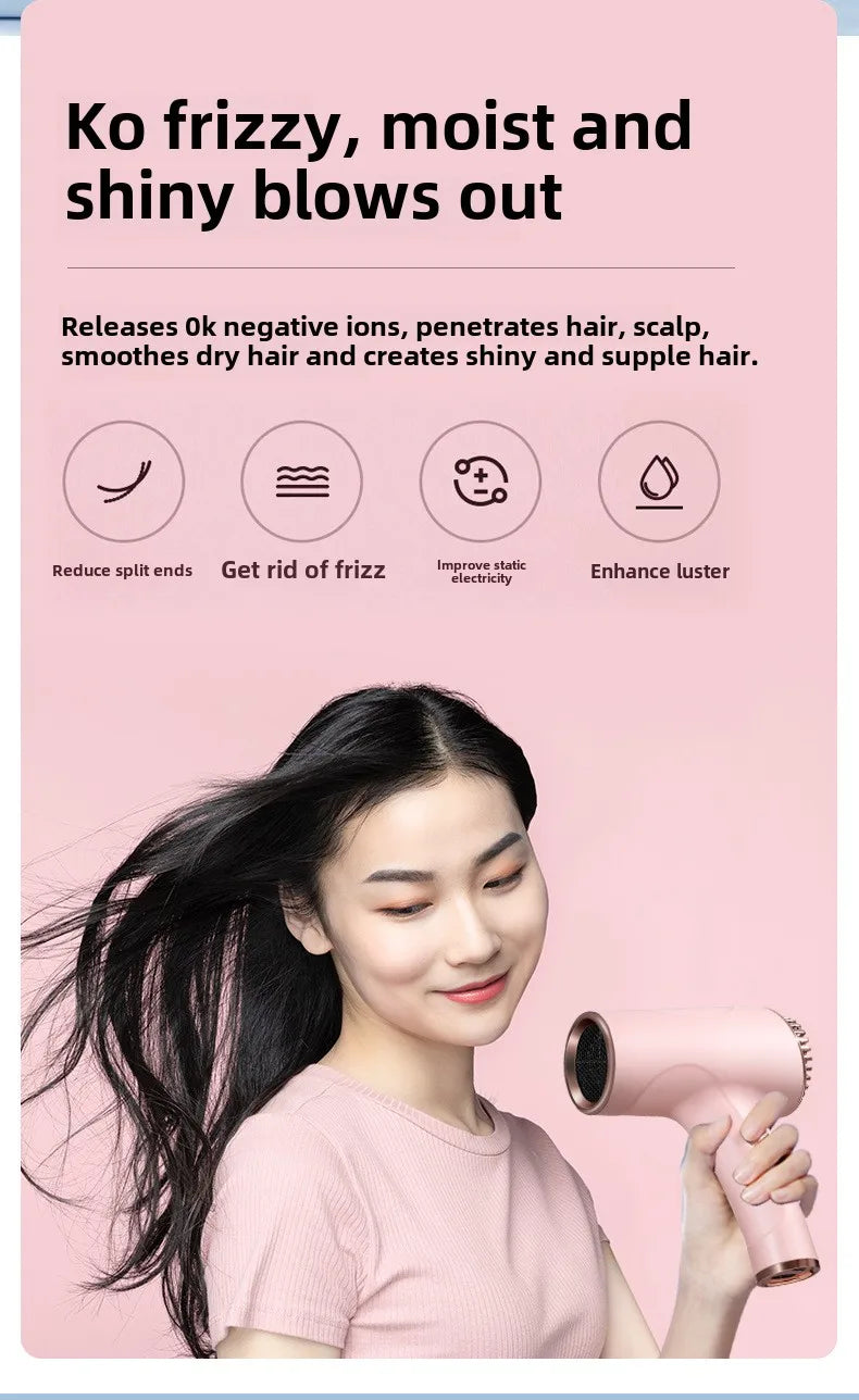 Pink portable negative ion hair dryer with sleek mini design for frizz-free, shiny hair styling.