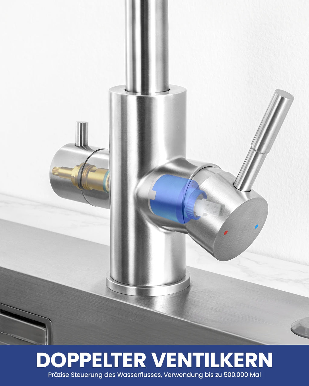3-way kitchen faucet with 2 handles-Kitchen mixer with hot and cold water and purified water-360° swivel sink faucet-Brushed stainless steel