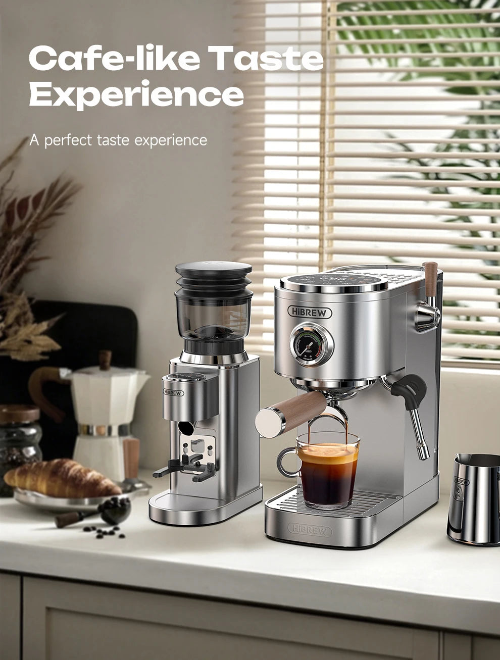 HiBREW stainless steel espresso machine and grinder set with wood accents brewing fresh coffee on a kitchen counter.