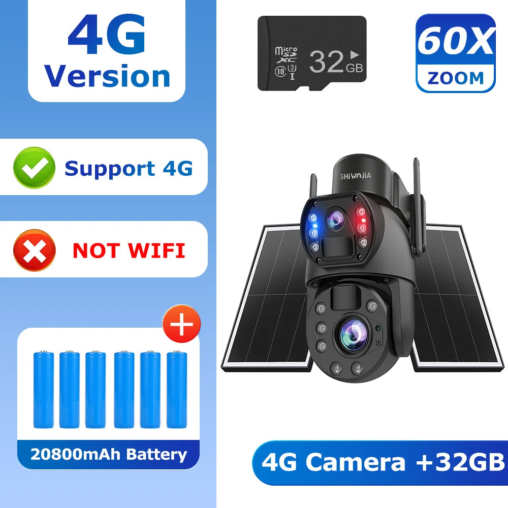 Outdoor solar security camera with dual lenses, 60x zoom, 4G, includes 32GB card.