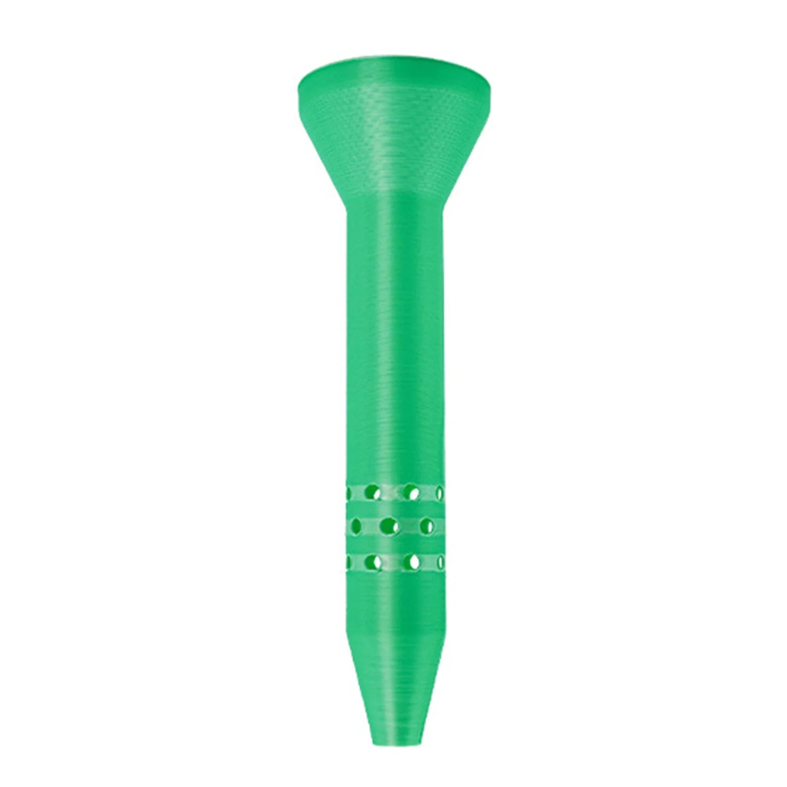 Green plant watering funnel with wide top and perforated bottom drain
