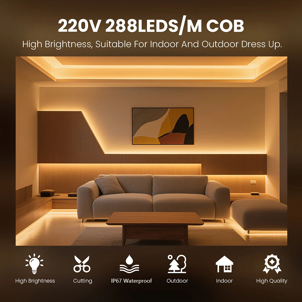 220V Dimmable COB LED Strip Light 288 LEDs/M Dimmer Switch ON/OFF Waterproof EU Plug Flexible Neon Lamp Decor 3000K 4000K 6000K
