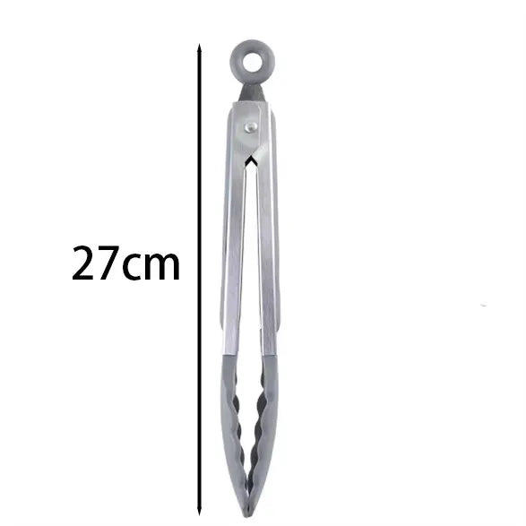 Stainless steel kitchen tongs with locking hinge and hanging loop