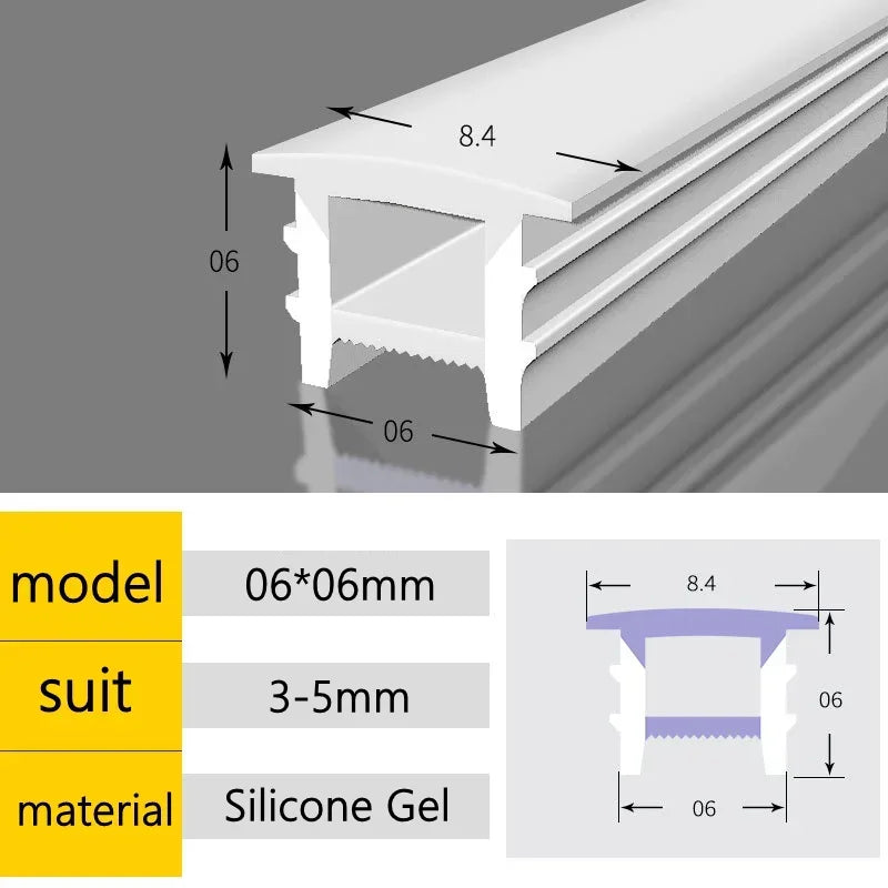 Silicone LED neon diffuser tube cross-section, 06x06mm profile, silicone gel