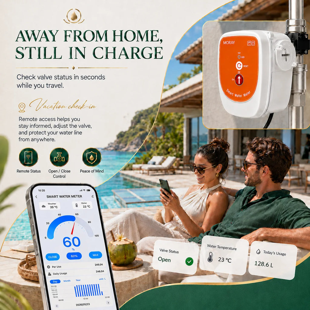 ME220FW WiFi Smart Water Valve Flow Meter 0-10000L DN15-DN25 Temperature Monitoring Supports Alexa and Google Assistant