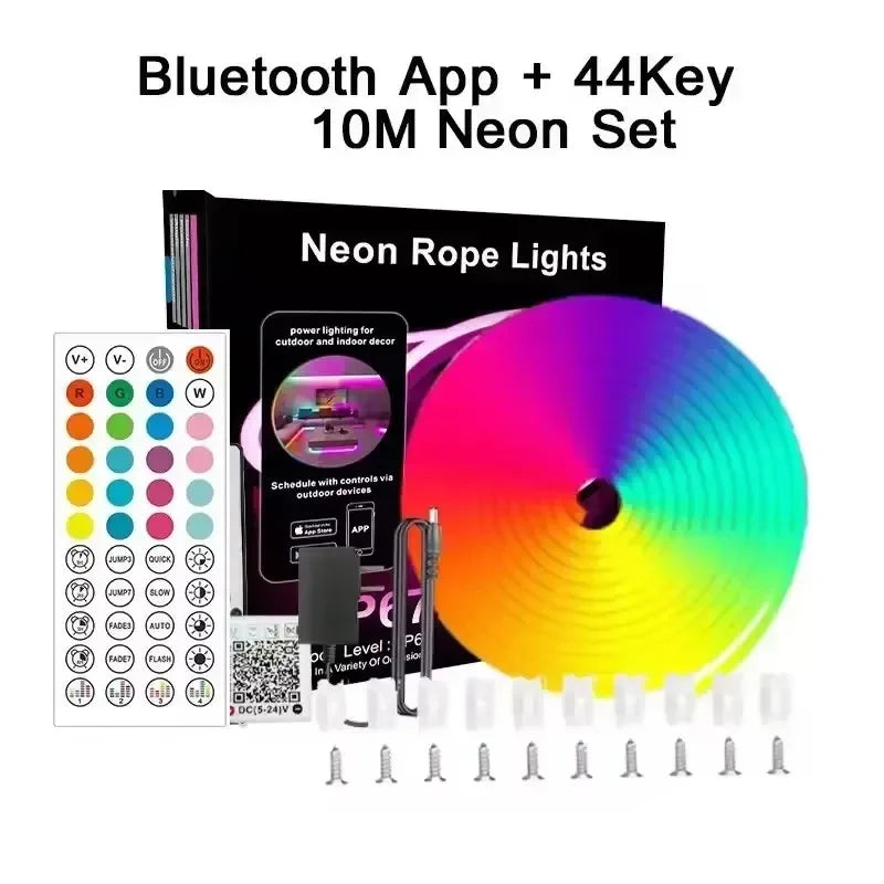 Bluetooth app neon rope light kit, 10m RGB LED strip with remote and mounting screws