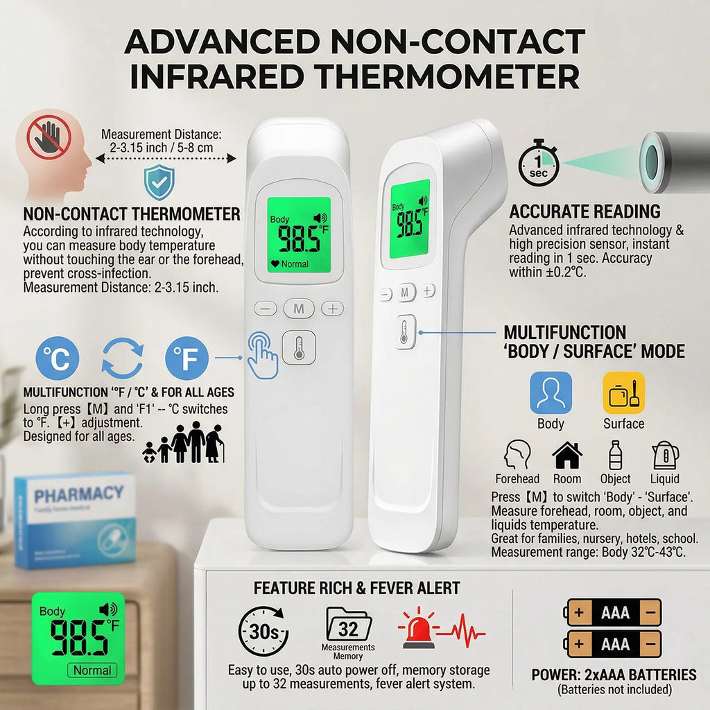 Digital Non-Contact Thermometer Infrared Thermometer Forehead Ear Medical Termometro Body Fever Baby/Adult Temperature
