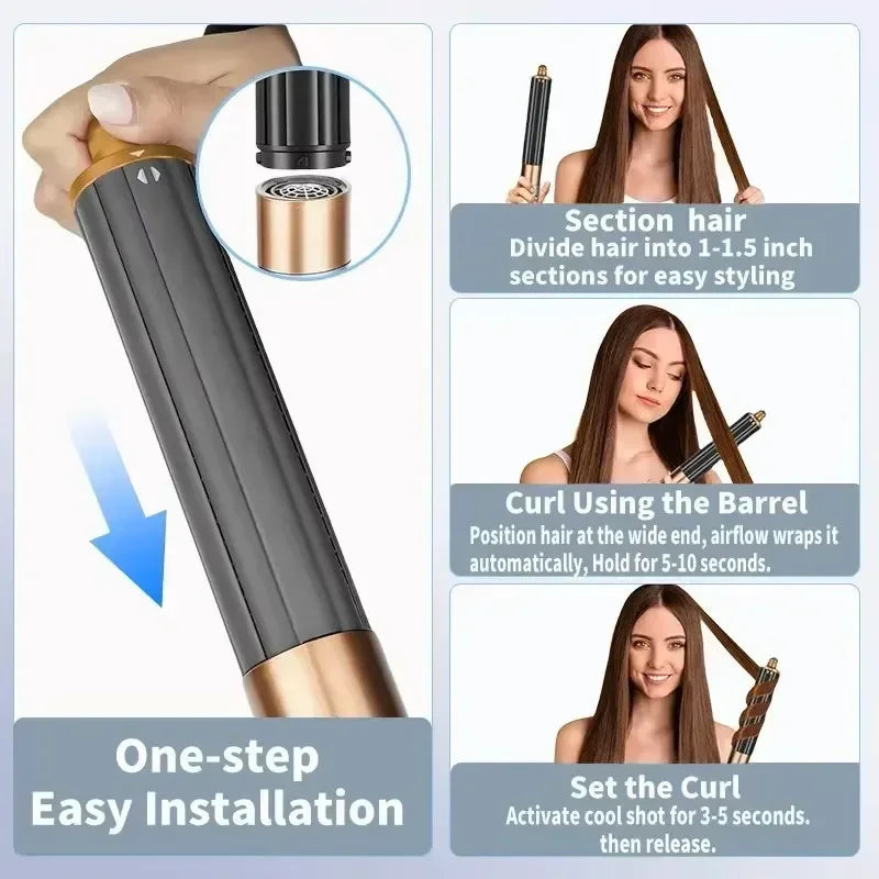 SenCiciMen 6-in-1 gold and black hot air hair styler with curling barrel attachment and easy installation tutorial.