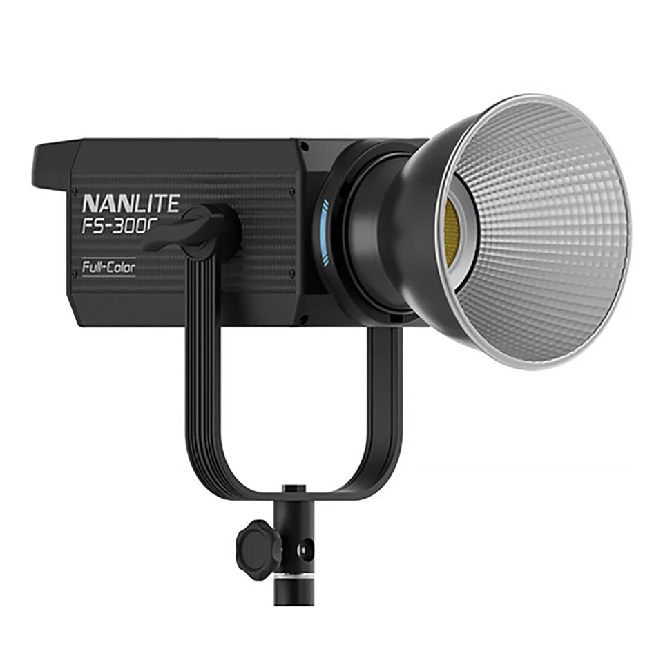 FS-300C black LED studio video light with a silver reflector and a U-shaped mounting yoke for photography.