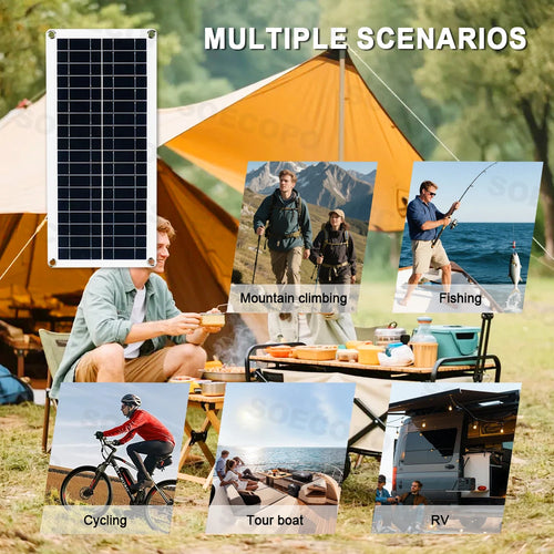 Portable 200W solar panel for outdoor activities like camping, hiking, fishing, and RV use.