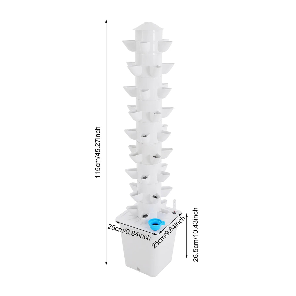 White vertical hydroponic growing tower with 45 planting holes and base