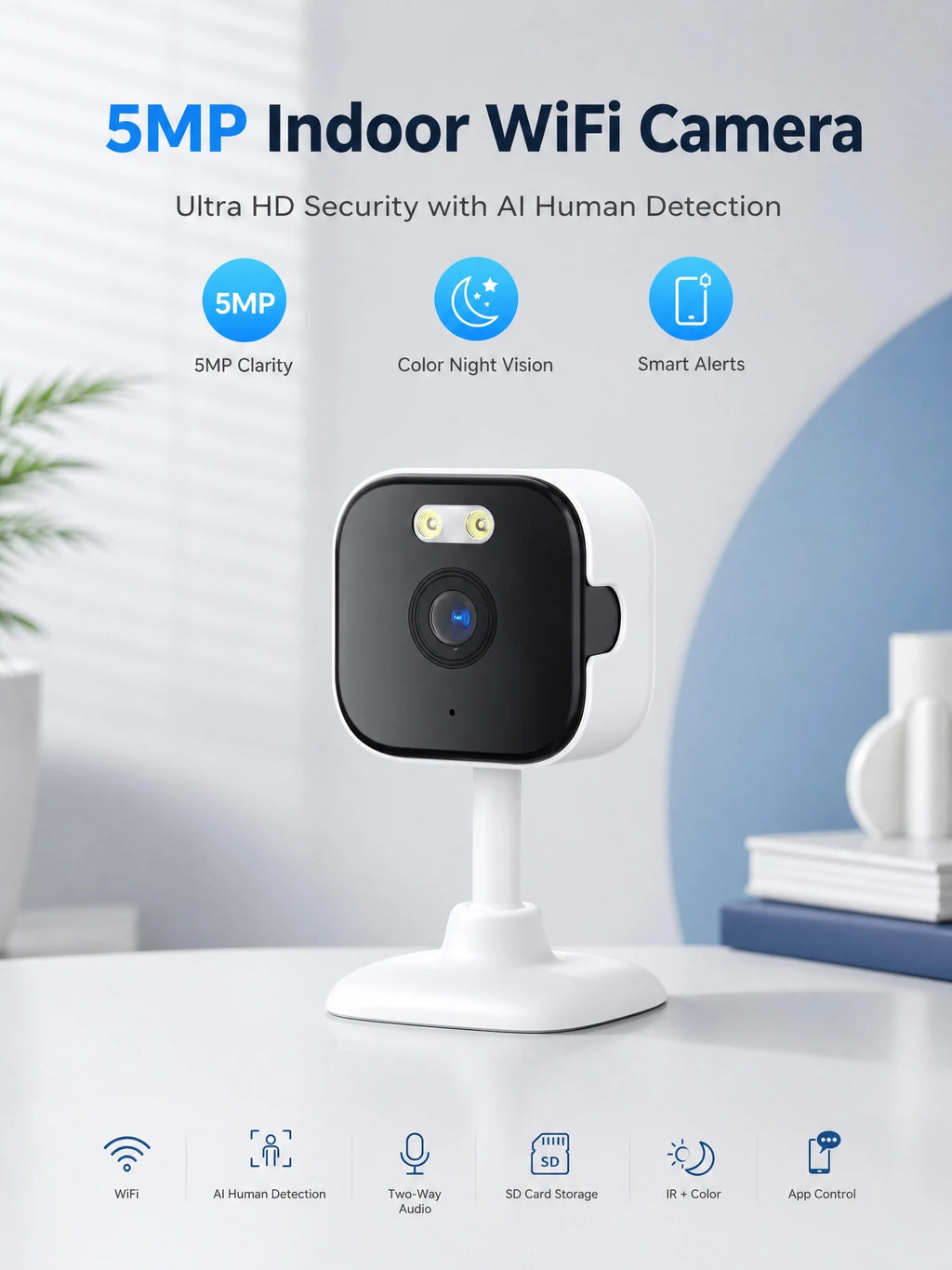 OKAM PRO APP Home Camera HD 5MP Mini WiFi Indoor Camera with Human Detection 5X ZOOM Baby Monitor 24/7 Video Record CCTV