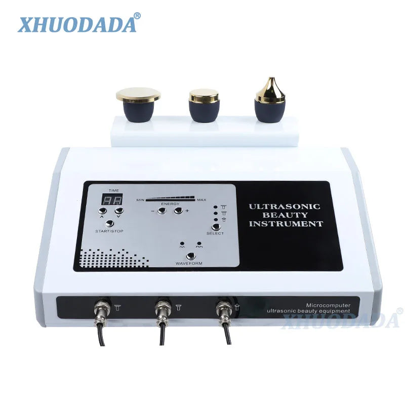 Ultrasonic beauty instrument with white control console, digital display, and three gold-tipped probes for facial skin.