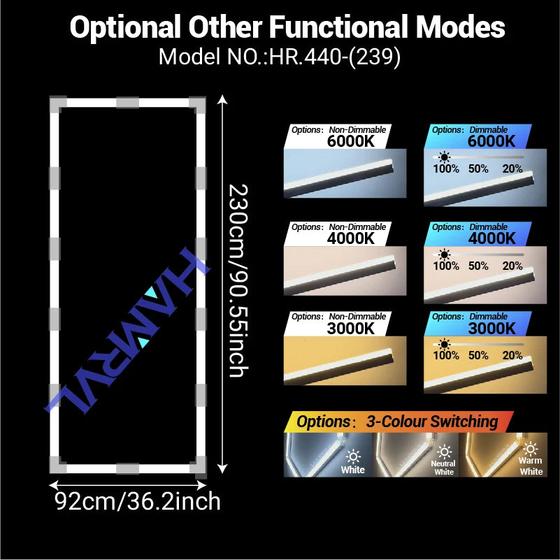 Rectangular LED ceiling light panel, 230cm by 92cm size