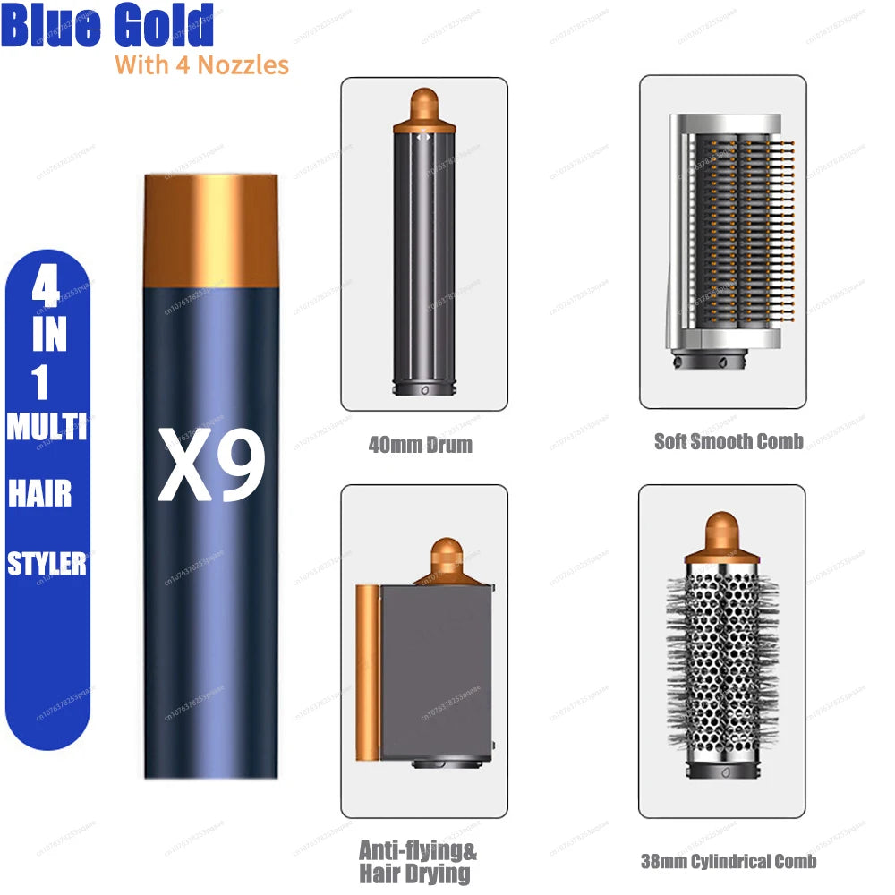 Sencimen X19 blue-gold 4-in-1 hair styler set with curling barrel, smoothing brush, and dryer nozzle attachments.