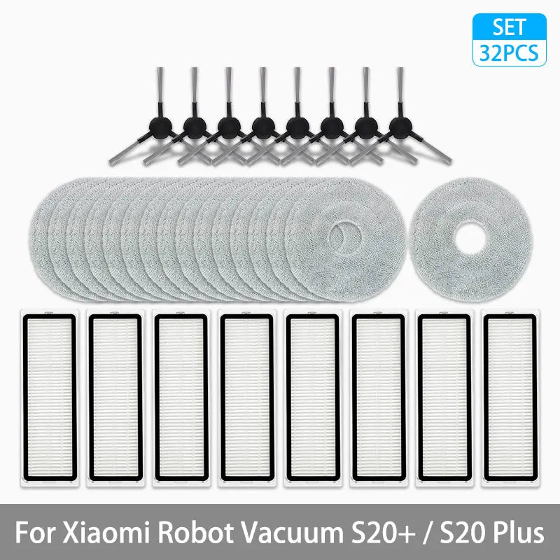 Tidesmit replacement parts set for Xiaomi Robot Vacuum S20 Plus including main brush, side brush, filter, and mop pads