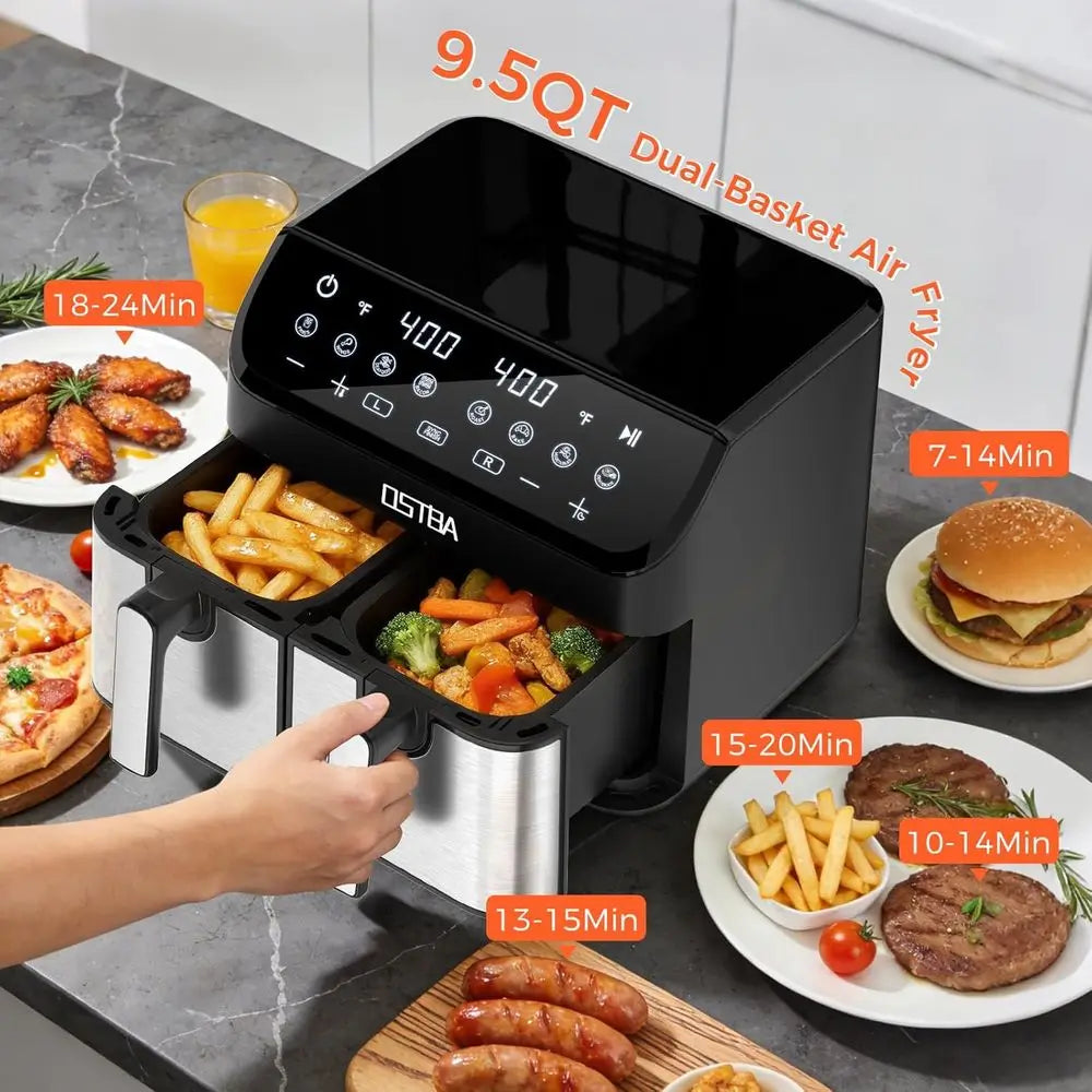 9.5QT Dual Air Fryer, 1700W Power, 2x 4.25QT Stainless Steel Baskets, Digital Touch, 8 Cooking Presets, Auto Shut-off, Dishwashe