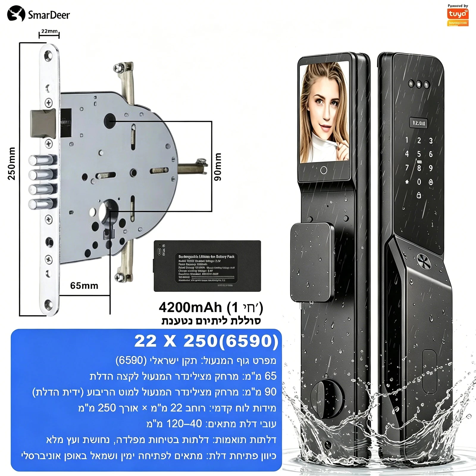 SmarDeer ﻿IS 6590 IP66 Waterproof Outdoor Smart Lock,Face & Palm Vein Recognition lock with Hebrew Menu,Tuya App Video Call