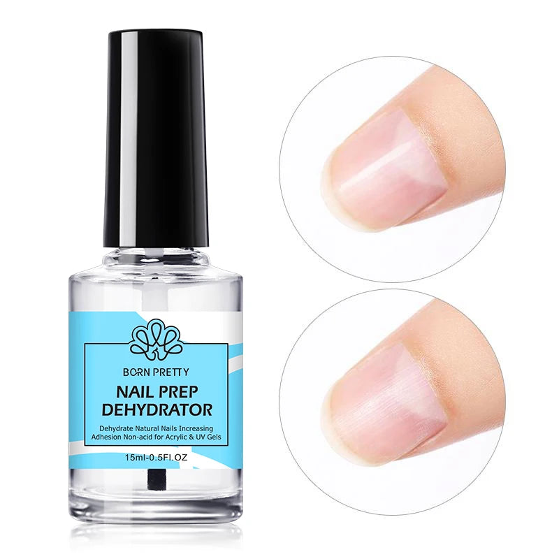 15ml bottle of clear nail prep dehydrator with black cap for increasing adhesion before acrylic or gel application.