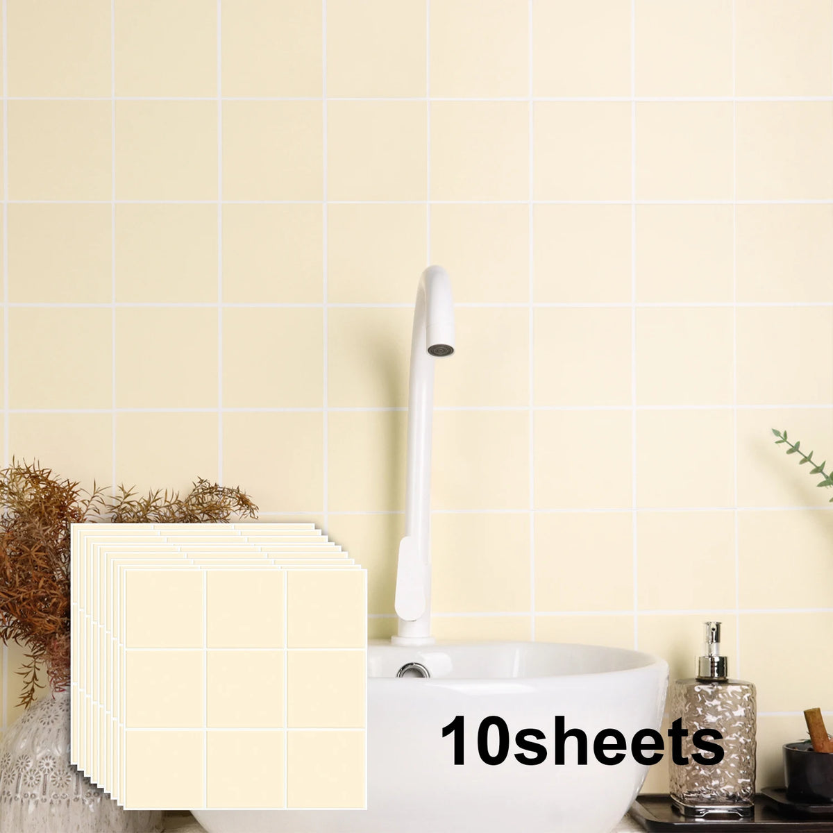 Light cream square grid peel-and-stick mosaic tile sheet sample for backsplash
