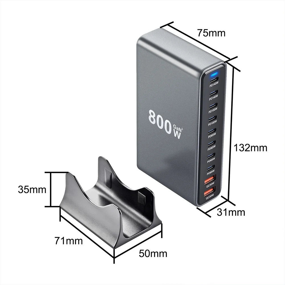 800W GaN 10-Port USB-C Desktop Charger - Fast Multi-Device Power Station Tidesmit