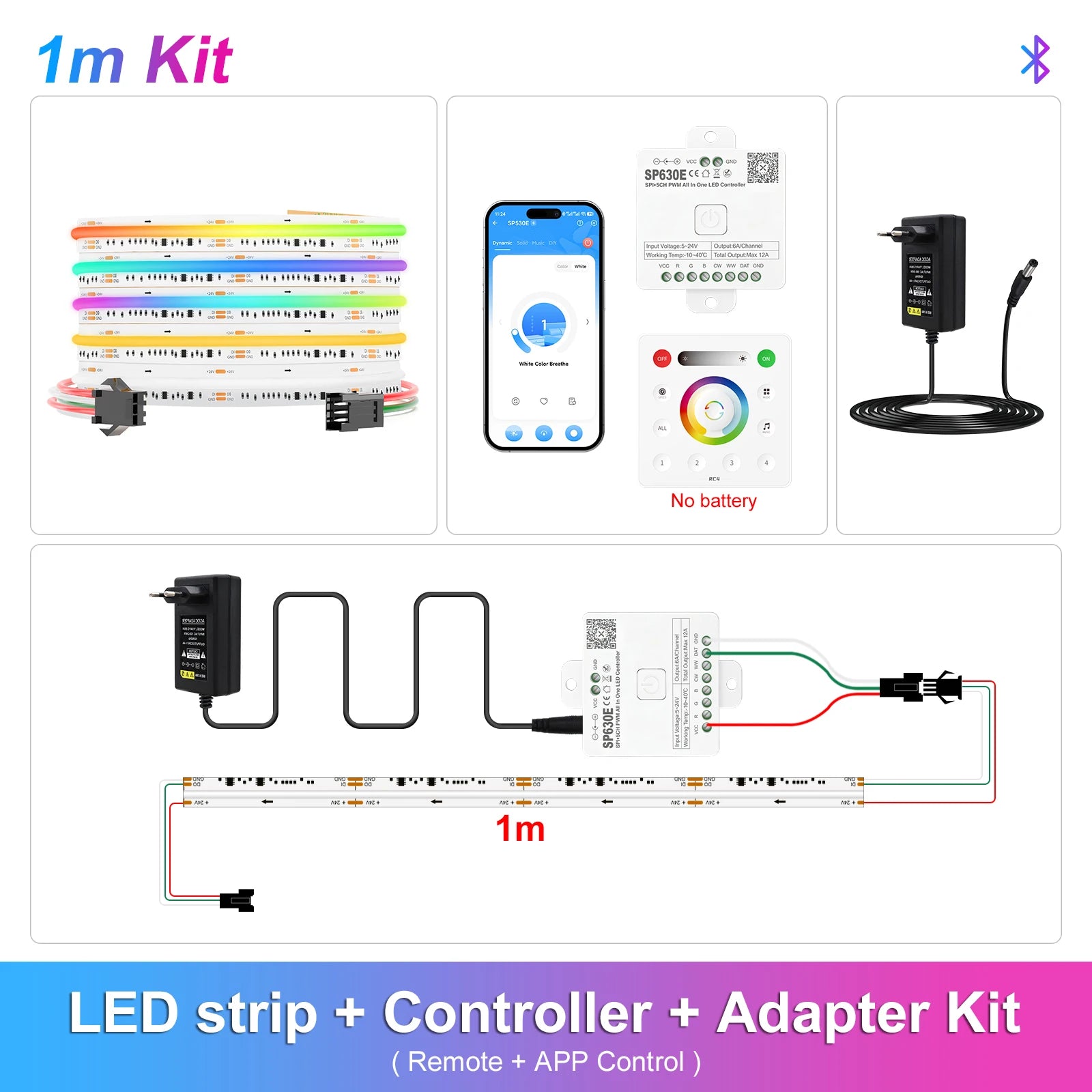 Addressable RGBCCT LED strip kit with controller, remote, and 1m LED tape