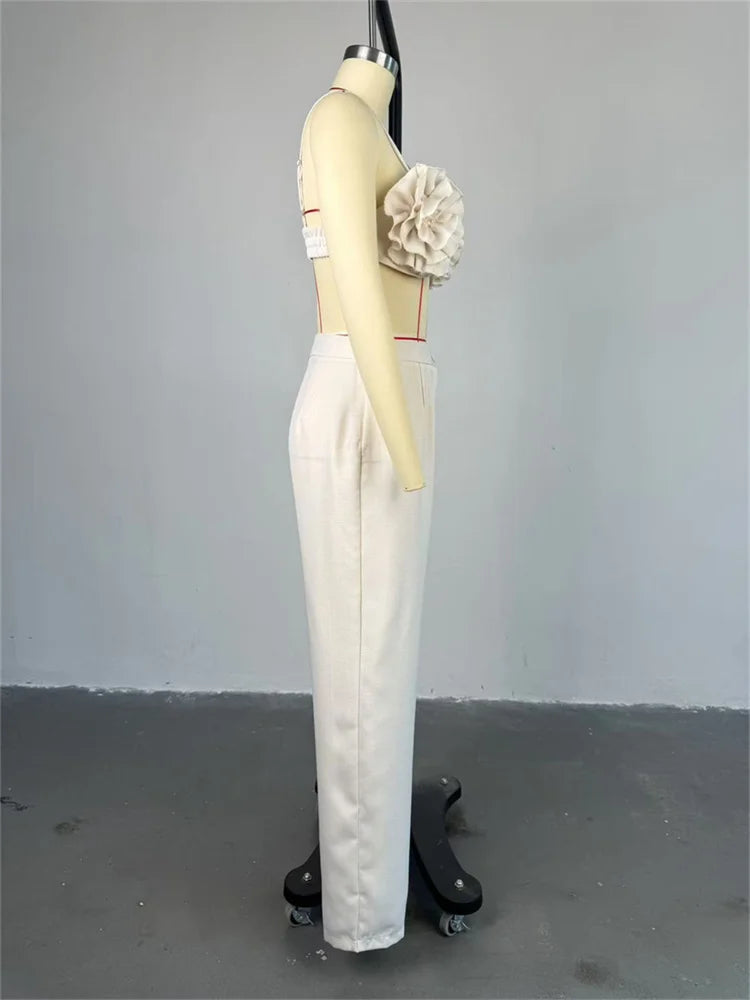 Weird Puss Vacation Beach Style 2 Piece Set Women Ruched Flower Bra Tops+Button Waist Straight Pants Fashion Sexy Trend Outfits