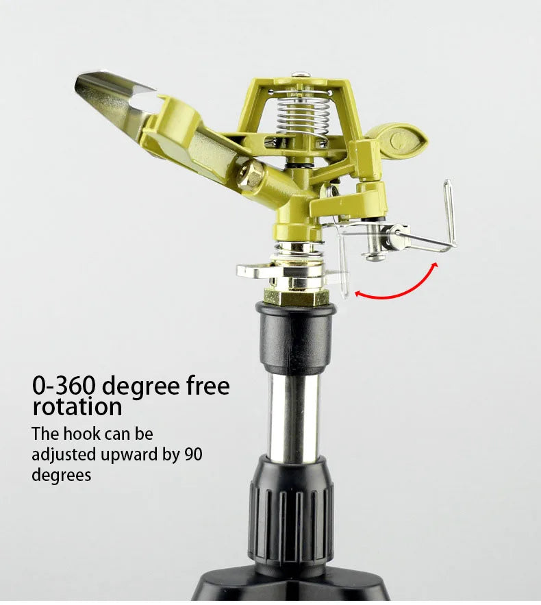 Yellow sprinkler head with 0–360 free rotation and upward-adjustable hook