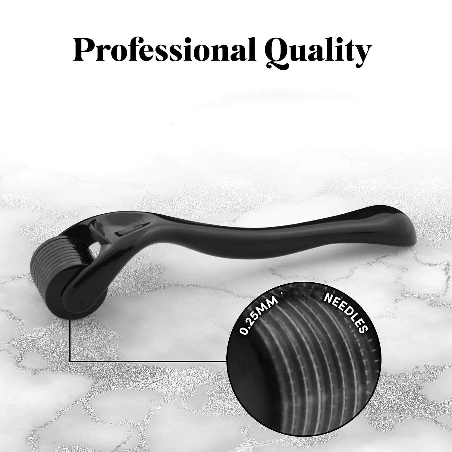 Black 540-needle derma roller with a curved handle and a zoomed-in detail of 0.25mm needle length.