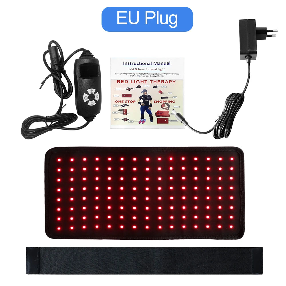 120 LED red light therapy waist belt with EU plug, controller, and manual for pain relief and body shaping.
