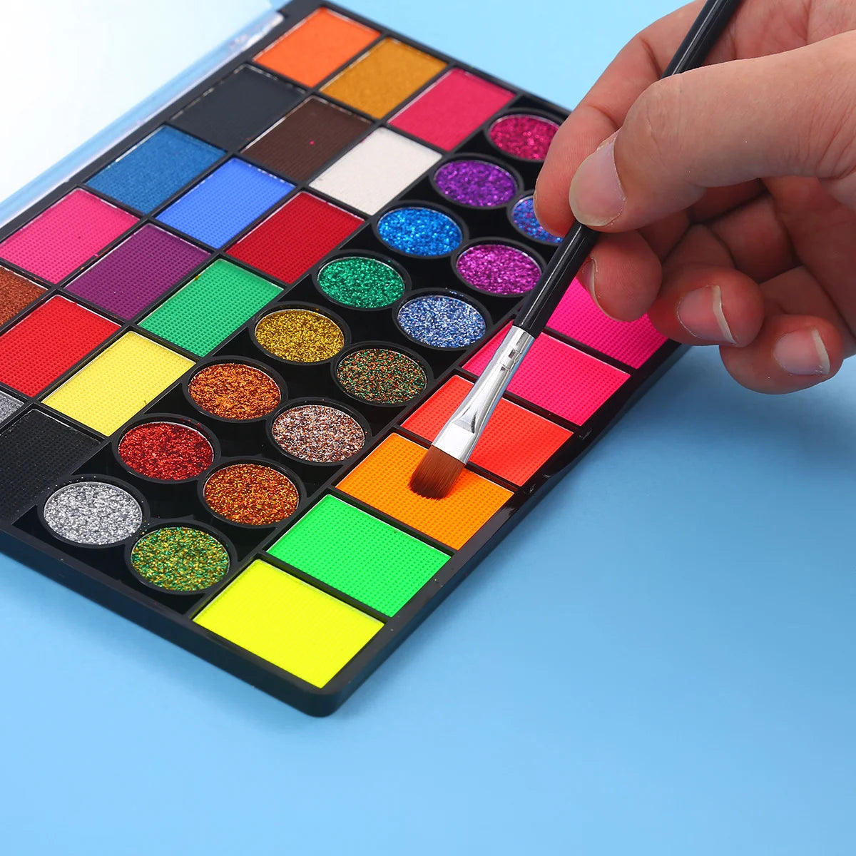 Tidesmit 42 color water soluble face body paint set neon glow festival makeup palette swatch detail
