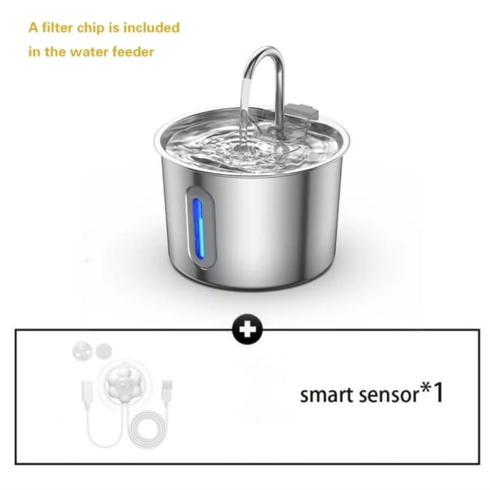 2.2L stainless steel smart pet water fountain with filter and sensor for clean, flowing water for cats and dogs.