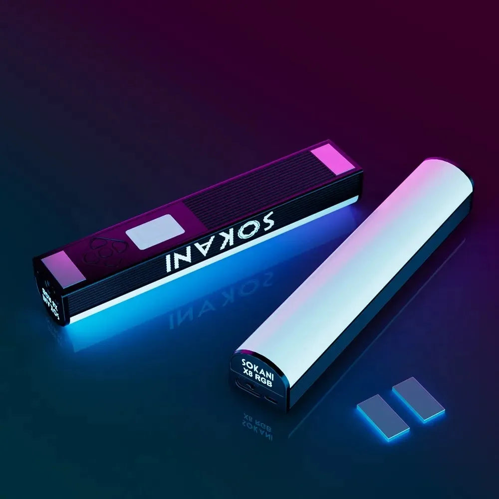 Sokani X8 RGB LED light bars, portable black aluminum handheld tubes for photography and video lighting.