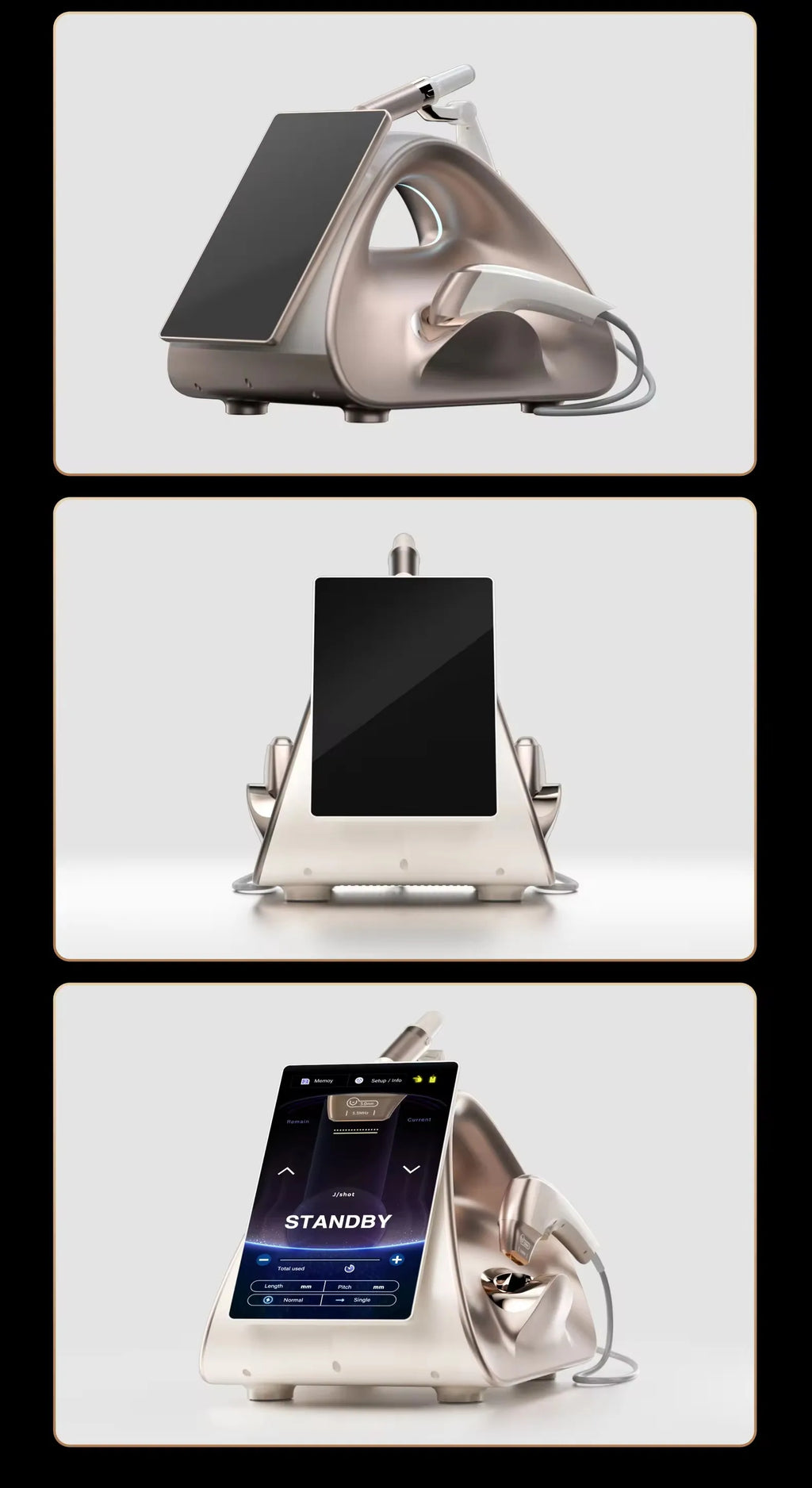 Gold 12D facial lift machine with touchscreen and treatment applicators for professional skin firming and rejuvenation.