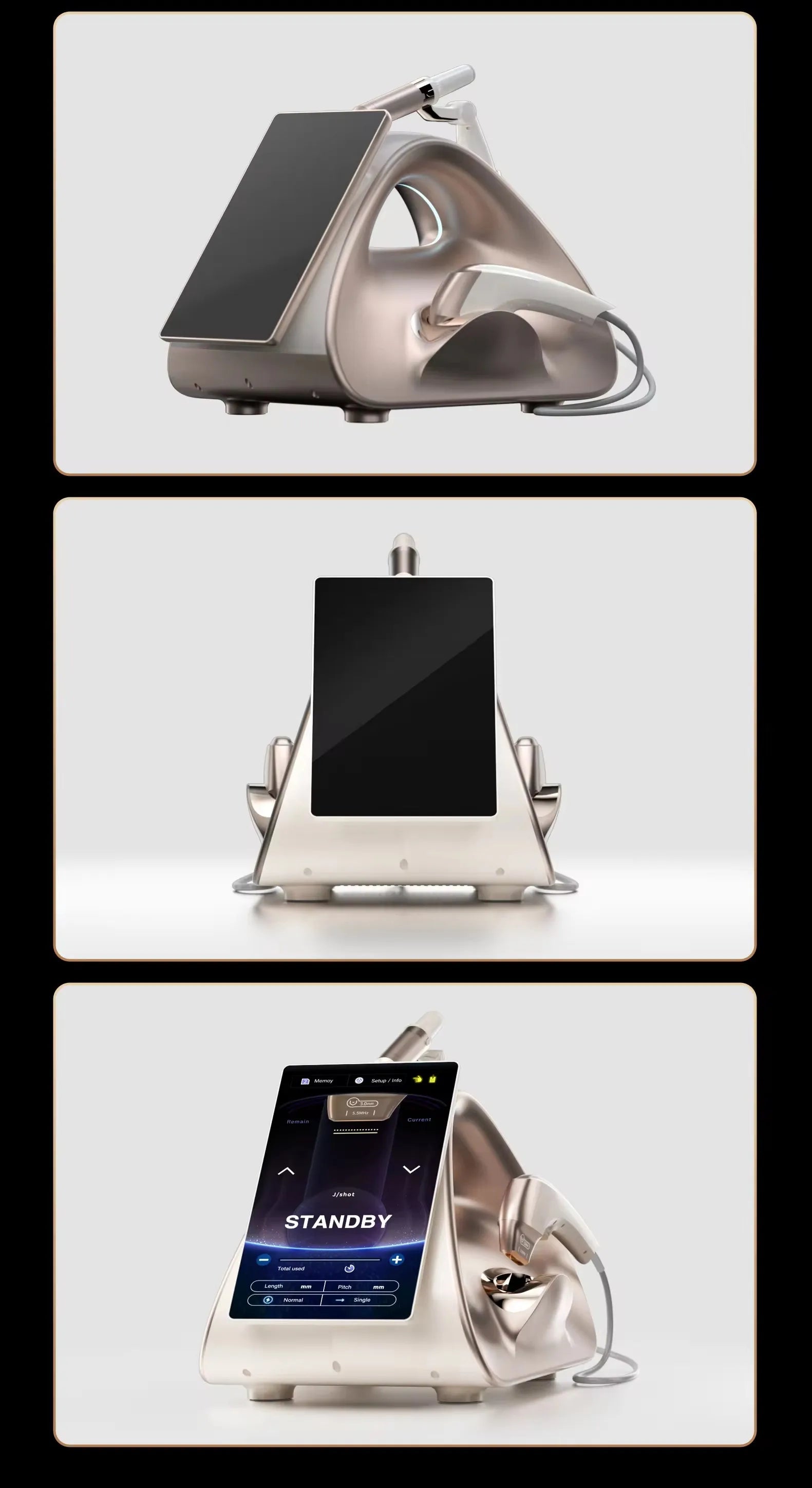 Gold 12D facial lift machine with touchscreen and treatment applicators for professional skin firming and rejuvenation.