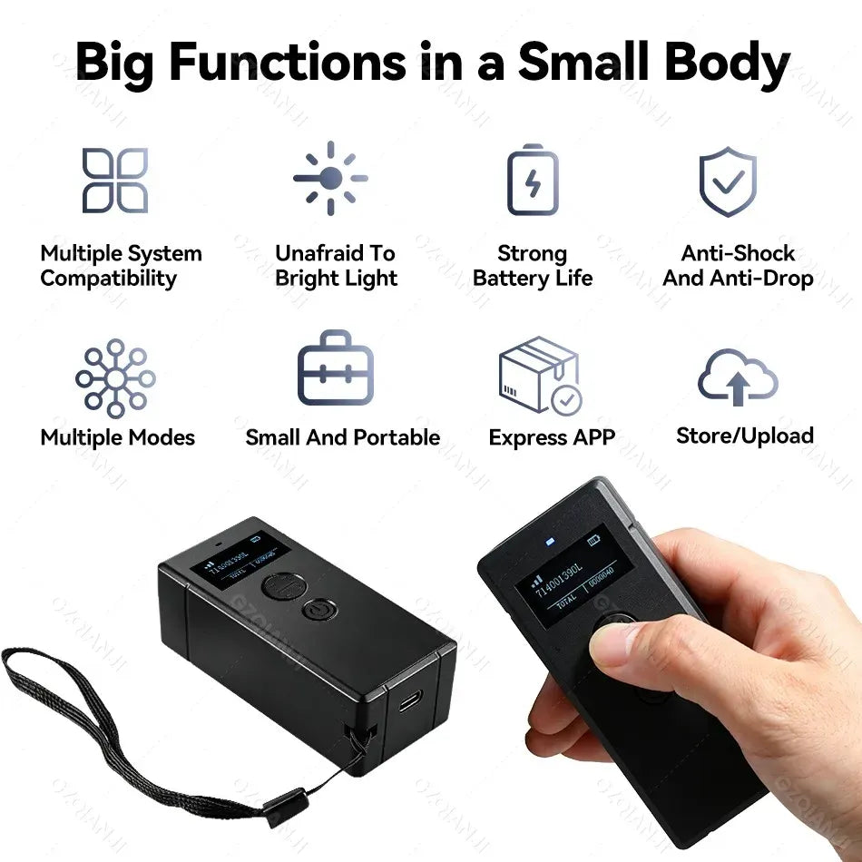 Black 2D barcode scanner and hand-held unit, shown with small portable design icons