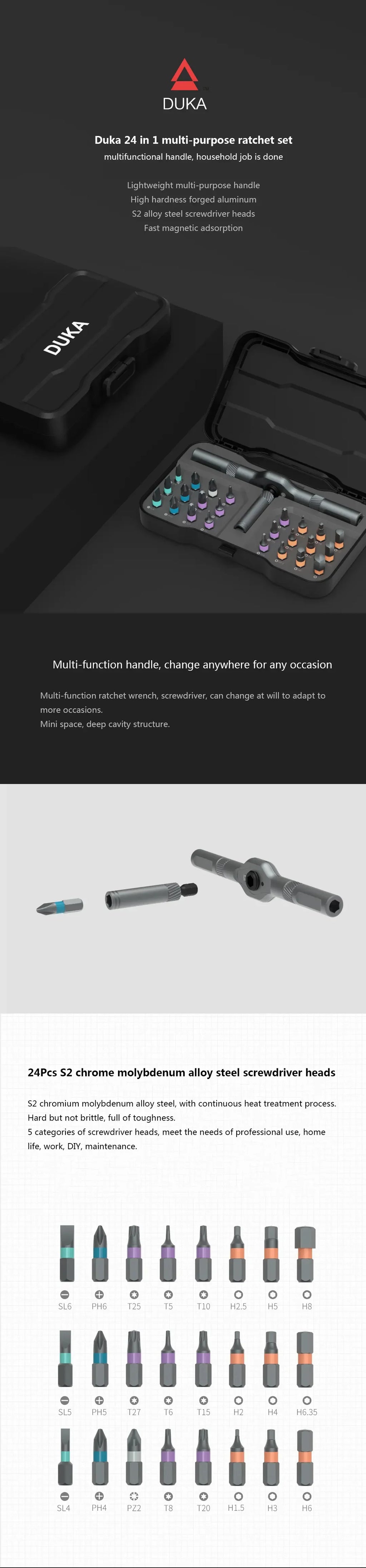 2025 New DUKA Atuman RS1 24 in 1 Multi-purpose Ratchet Wrench Screwdriver S2 Magnetic Bits Tools Set DIY Household Repair Tool
