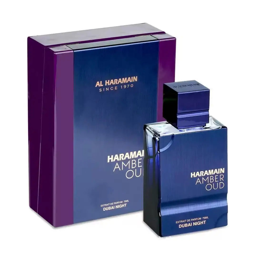 Al Haramain Amber Oud Dubai Night Extrait de Parfum: unisex rectangular blue bottle, oriental floral oud scent, 75ml.
