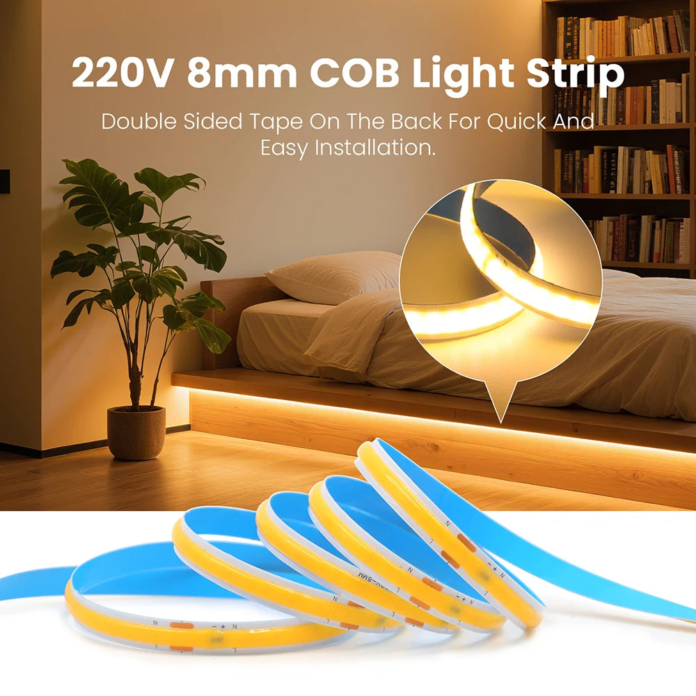 COB LED Strip Light Power Kit 220V 110V AC 3000K 4000K 6000K 2pin 240LEDs/m with IC Driver IP20 8mm PCB Dimmable Linear Lighting