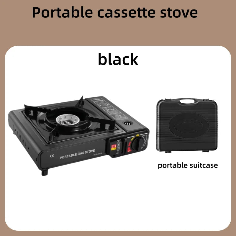 Black portable cassette gas stove with burner and portable suitcase carry case