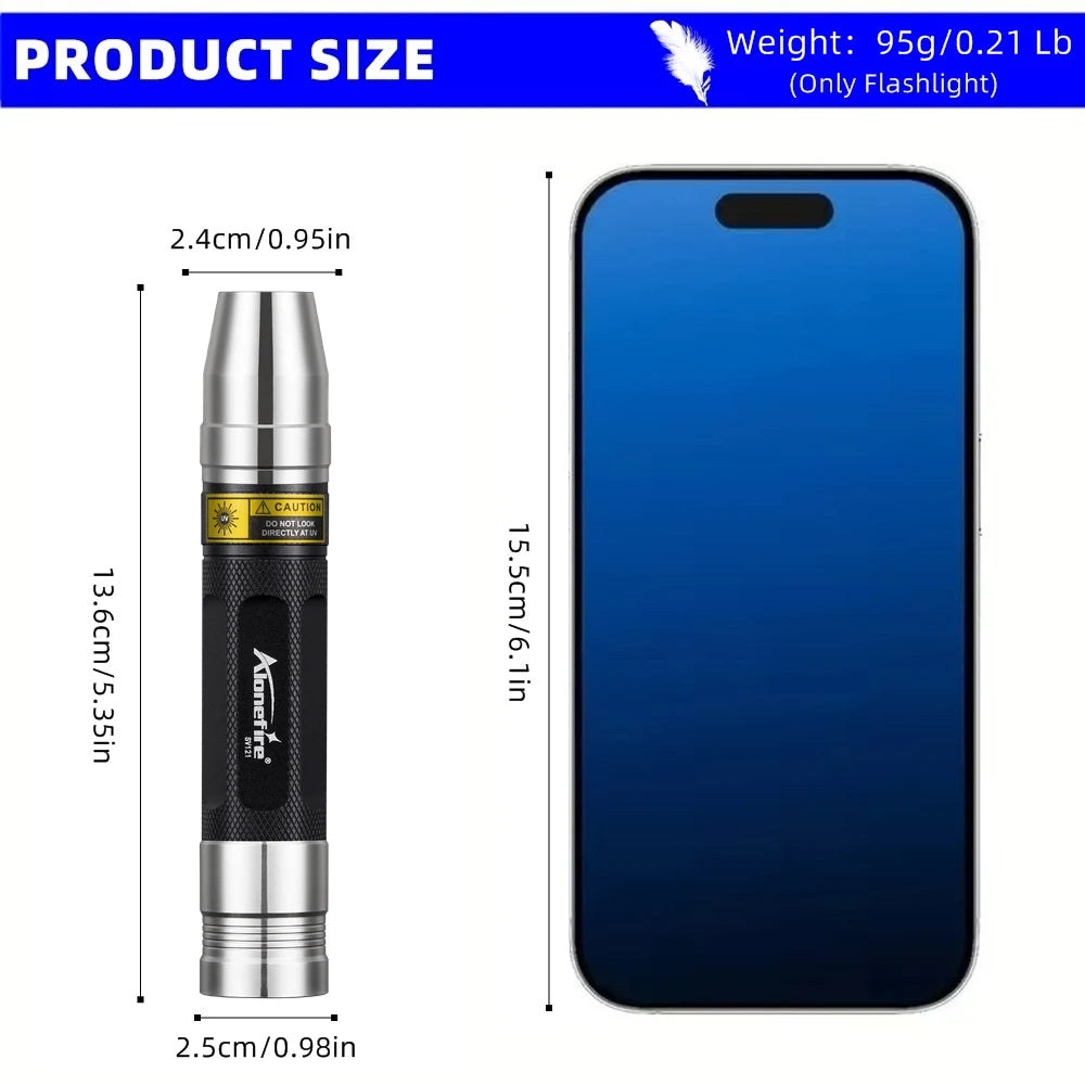 USB rechargeable 3-in-1 UV flashlight for pet urine stain detection, showing compact 5.35-inch size for easy portability.