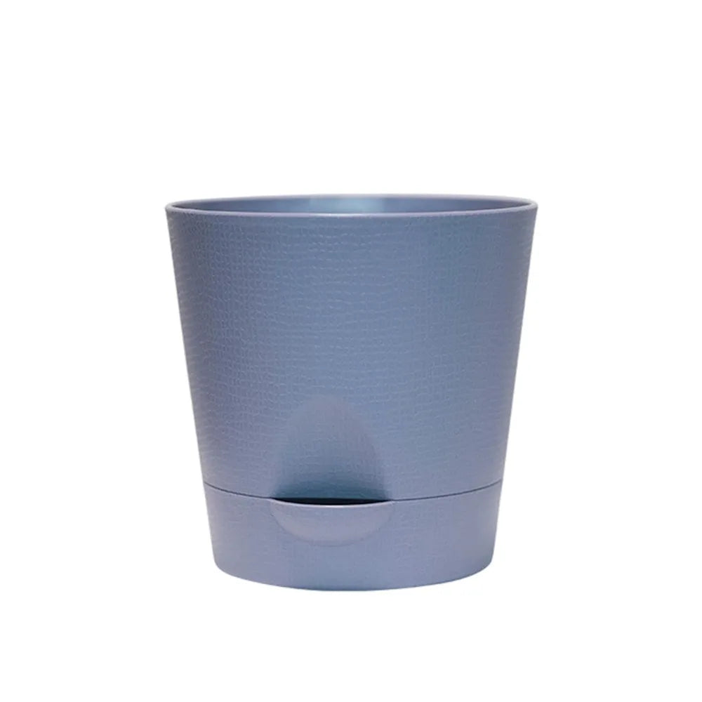 Round self-watering plastic flower pot with detachable base, blue-gray finish.