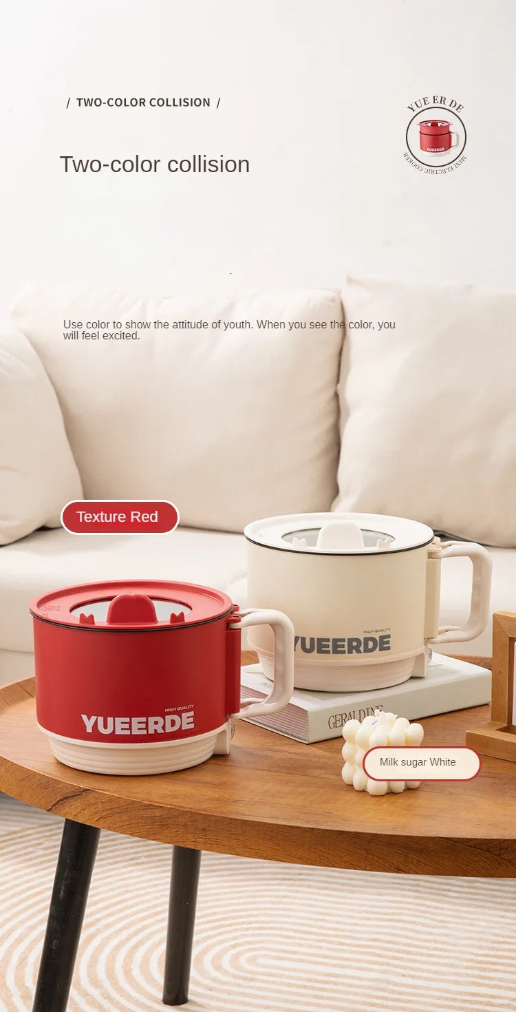 Red and beige electric folding pot cookers side by side with YUEERDE lids