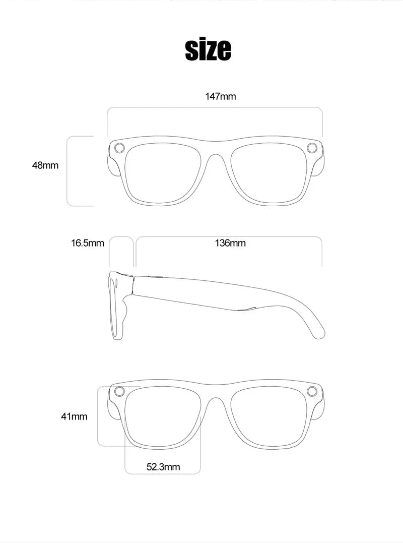 Technical diagram showing dimensions for smart glasses with a wide frame and thick arms, labeled in millimeters.