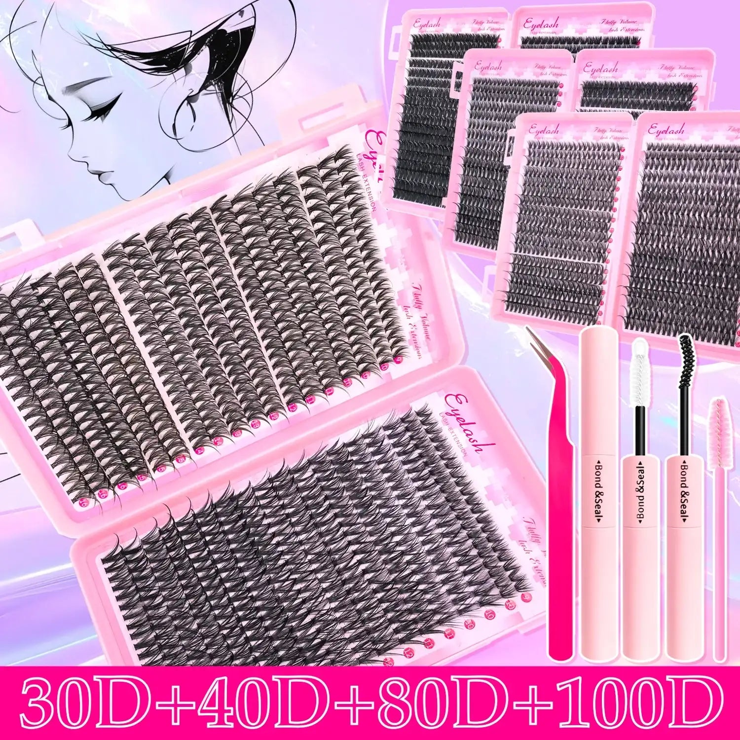720/200pcs eyelash Extension Kit Fluffy Eyelash Extension kit with Lash Bond and Seal Lash Tweezers Thick Lash Clusters Wispy False Eyelashes Tidesmit