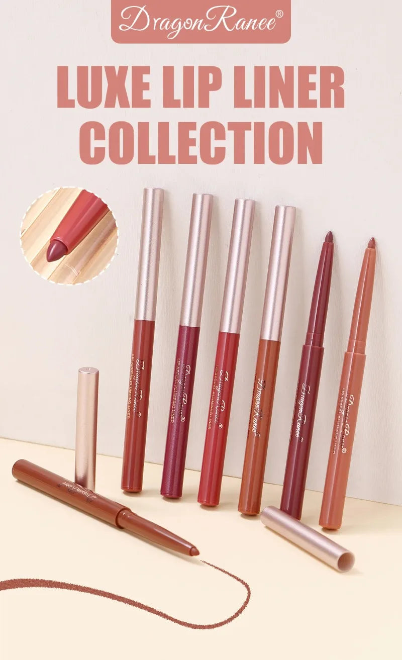 Set of Dragon Ranee long-lasting matte lip liner pens in various nude, red, and berry shades with velvet texture.