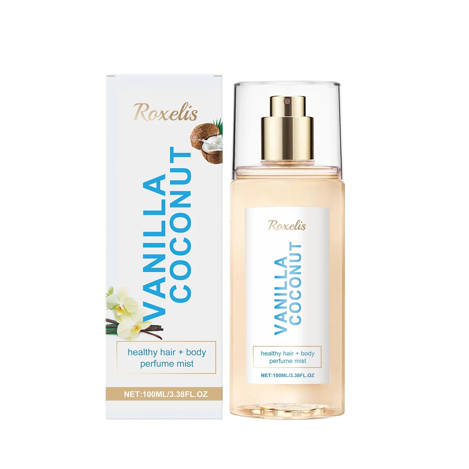 Roxelis Vanilla Coconut body mist in a travel-friendly 100ml spray bottle. Fresh, romantic hair and body fragrance.