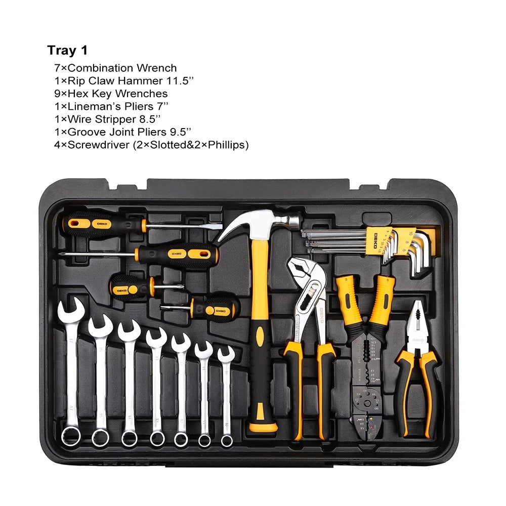 DEKO 258pcs Home DIY Hand Tool Set Professional Hand Tool Luggage Three-layer Rolling Portable Storage Box