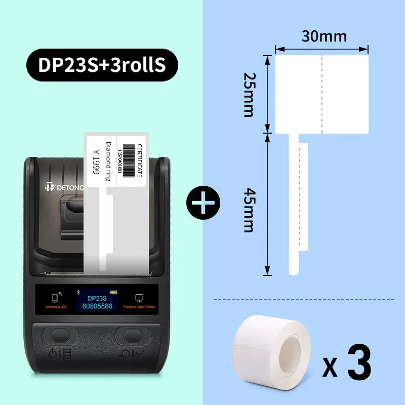 DETONGER DP23S label printer with three label rolls and size diagram