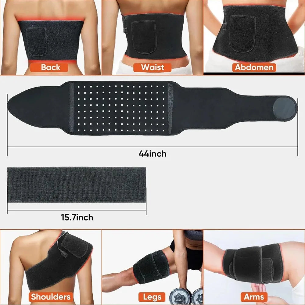 Red light therapy belt for pain relief, showing infrared wrap on back, waist, abdomen, shoulder, leg, and arm.